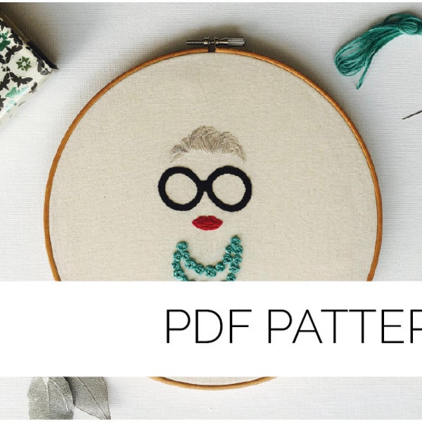 Iris Apfel PDF Embroidery Pattern | Instant Download | Iconic Women | Wall hanging hoop art