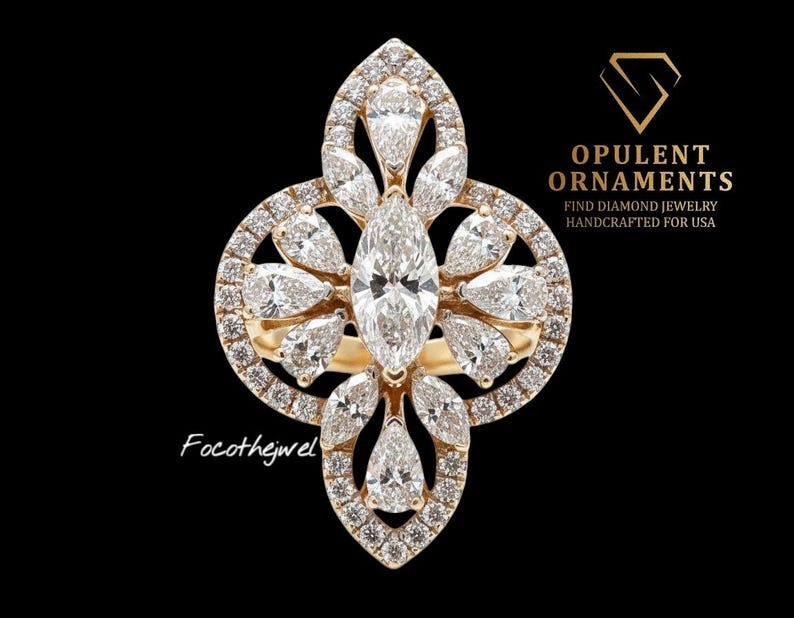 Marquise Cut Diamond Ring 14K Yellow Gold Thick Band Vintage Solitaire ...