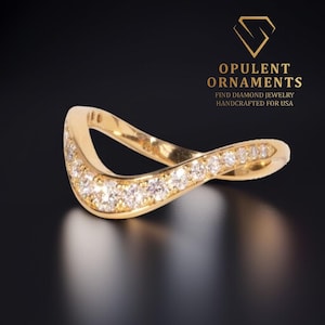 14K Solid Gold Curved Diamond Ring | Chevron Contour Wedding Band | Tapered Eternity Ring | Wavy Moissanite Stackable Gift for My Wife USA