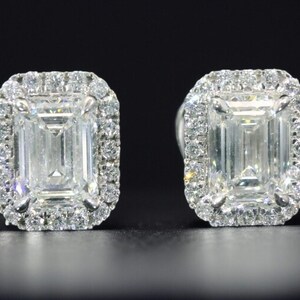 14k White Gold Emerald Cut Earrings, Diamond Cluster Earrings, Emerald and Round Diamonds, Dainty Solid Gold Studs, Lab Grown Emerald Studs