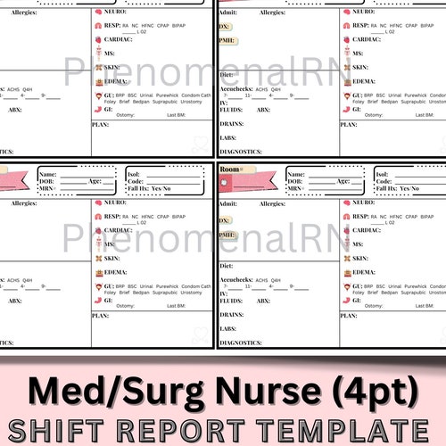 4 Patient Med/surg Nurse Shift Report Template Nurse Brain - Etsy