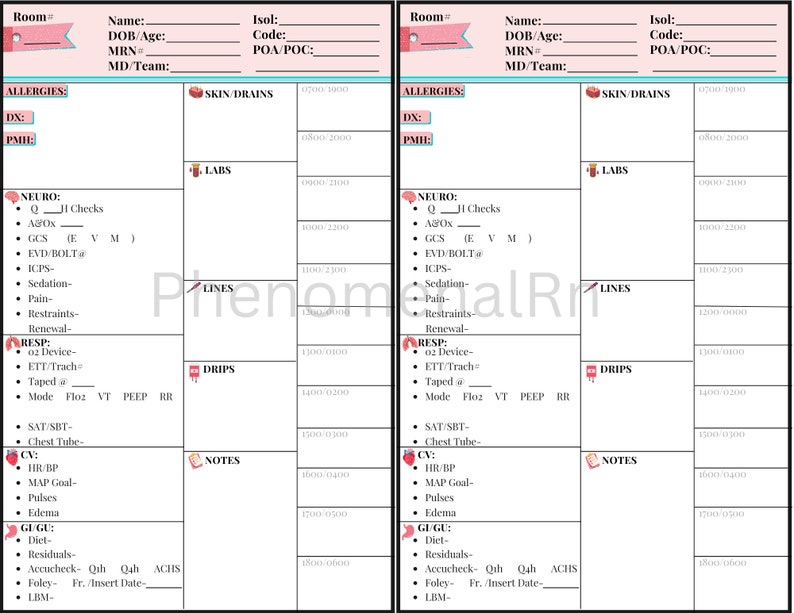 2 Patient ICU Nurse Report Sheet Template Nurse Brain Sheet Etsy
