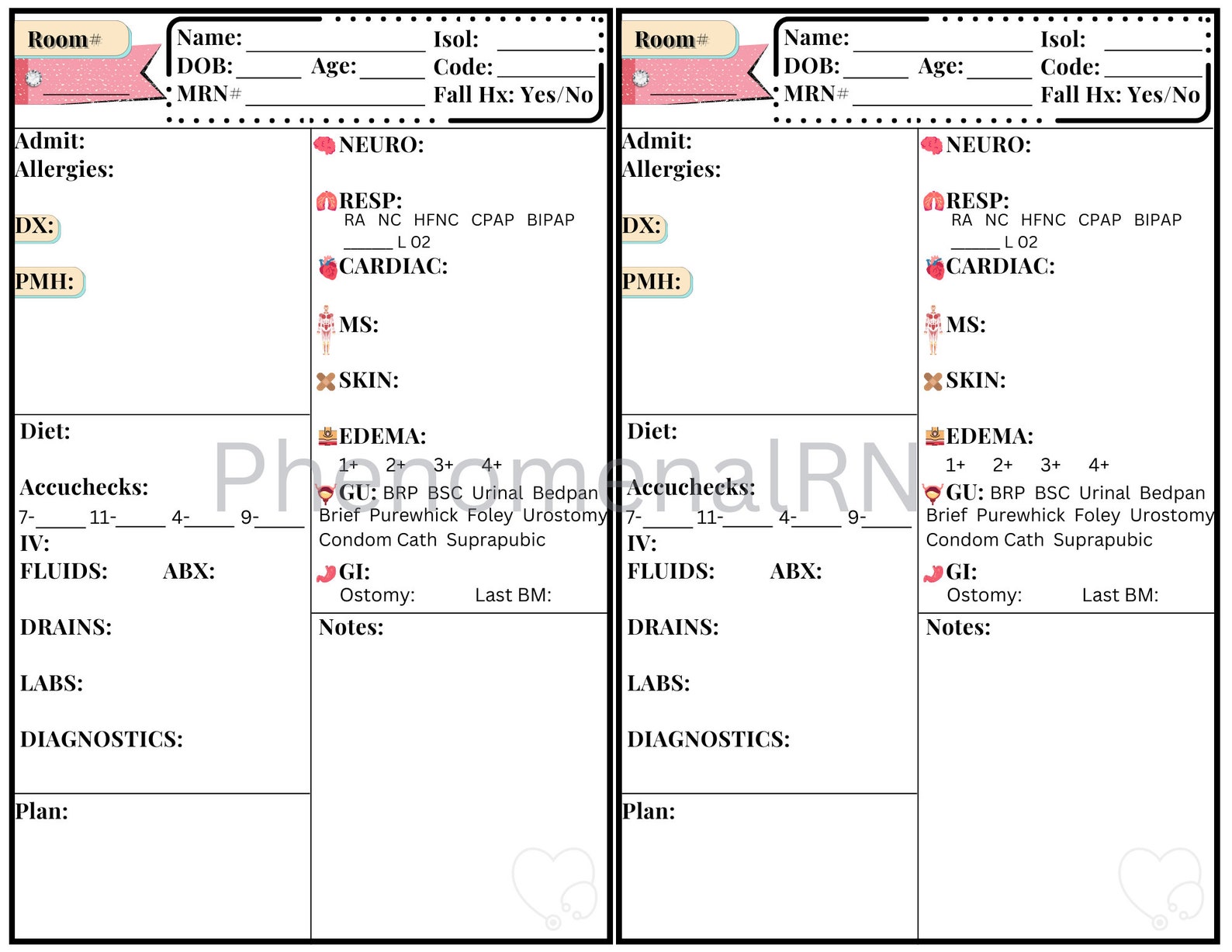 Med/surg Report Sheets Bundle, Nurse Shift Report Template, Nursing ...