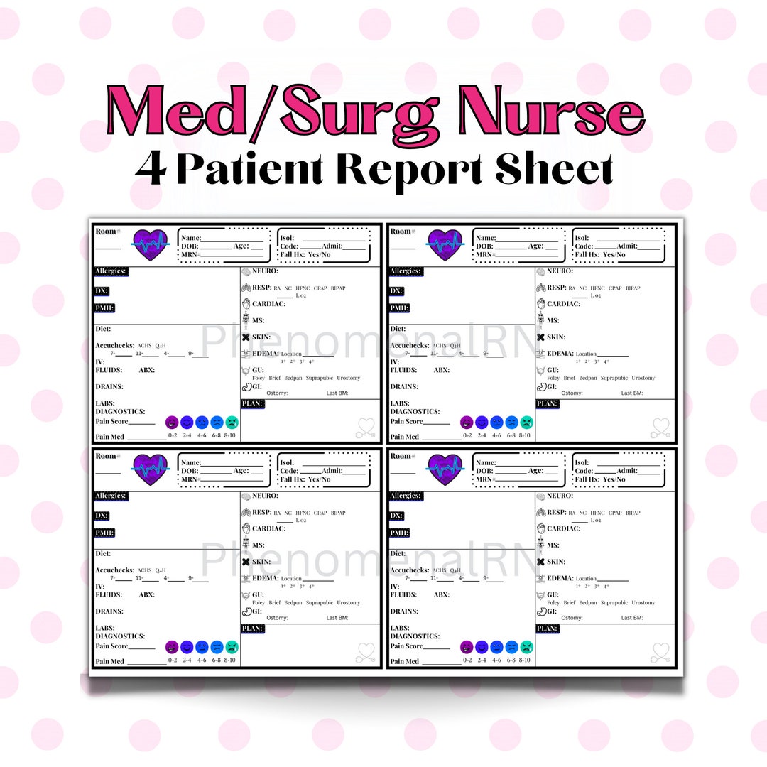 4 Patient Med/surg Nurse Report Sheet Template, Nursing Report Sheet 4 Patient Med/surg Nurse Report Sheet Template, Nursing Report Sheet