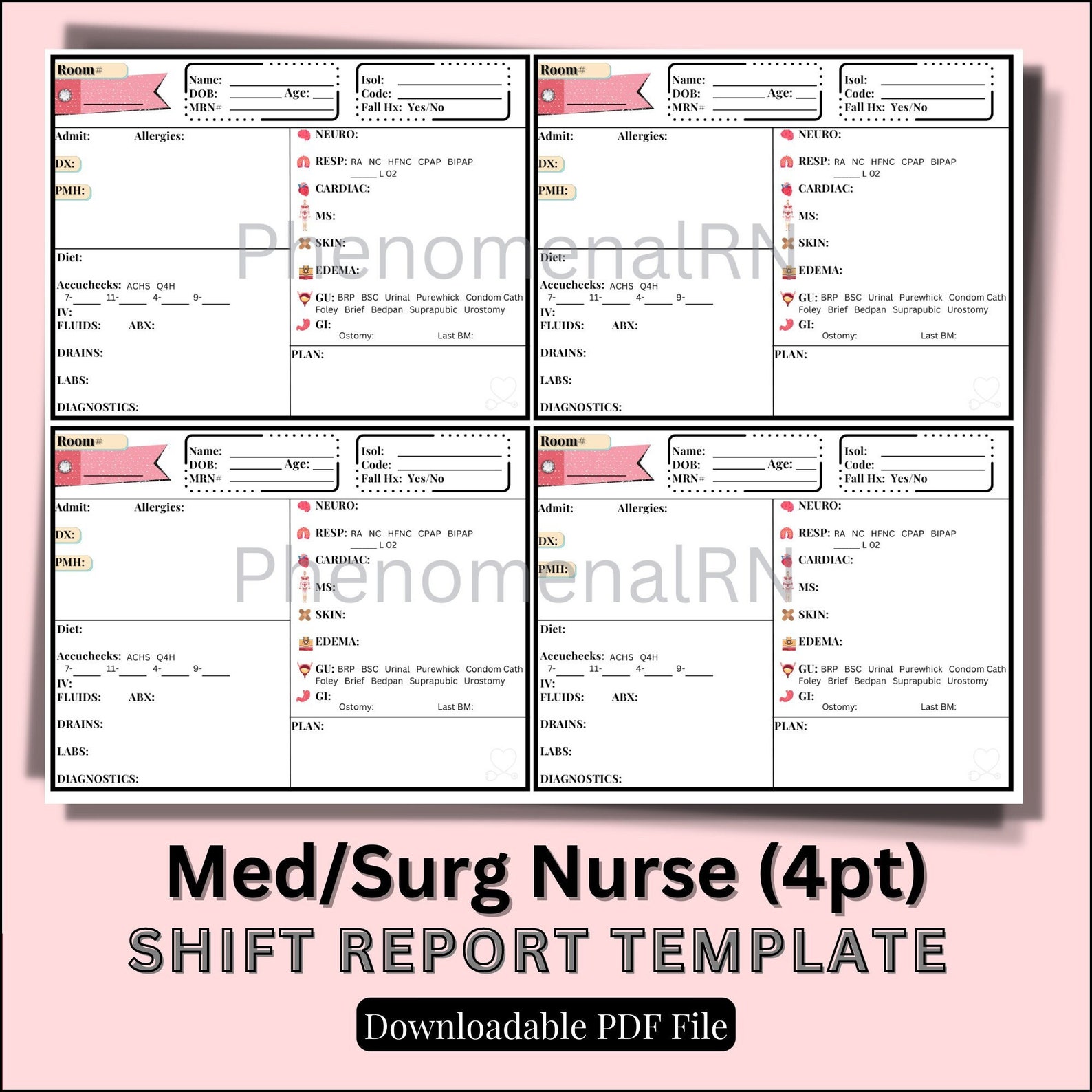 4 Patient Med/surg Nurse Shift Report Template Nurse Brain Etsy