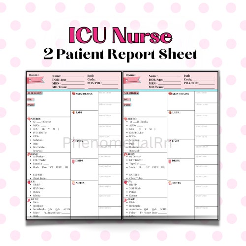 2 Patient ICU Nurse Report Sheet Template Nurse Brain Sheet Etsy