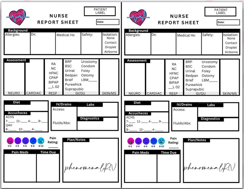 2 Patient Med/surg Nurse Shift Report Template, Nurse Brain Sheet, RN ...