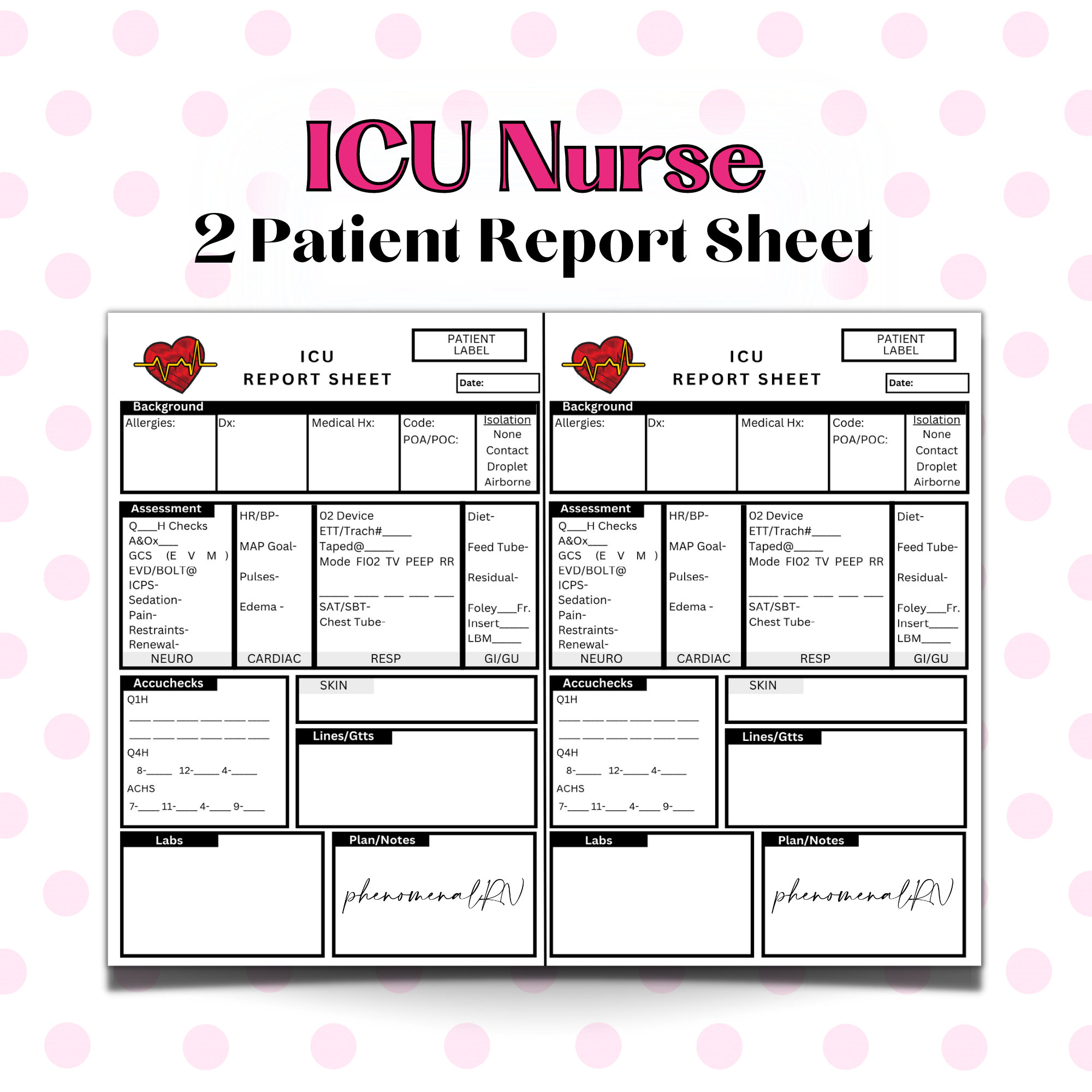 2 Patient ICU Nurse Report Sheet Template Nurse Brain Sheet Etsy