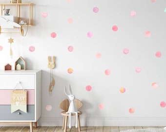 Watercolour Polka Dots Fabric Wall Decal - 24 Pack Large - Colours Of Blush Pinks, Peaches and Lilacs - Reusable and Removable