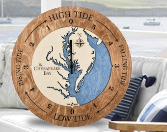 Chesapeake Bay Nautical Chart Tide Clock, 3D Wood Map East Coast Tide Clock, Fisherman Gift, Sailor Gift, Coastal Home Decor, Nautical Decor