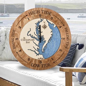 Chesapeake Bay Wood Map Tide Clock: Nautical Coastal Decor