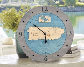 Puerto Rico Nautical Map Wall Clock, Large Carved 3D Wood Map Clock, Coastal Decor, Nautical Decor, 5th Anniversary Gift, Personalized Gift