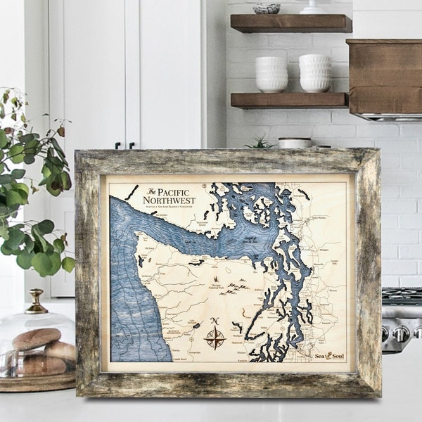 Sea & Soul Pacific Northwest 3D Wood Map Wall Art, Salish Sea Nautical Wall Art, Puget Sound Water Depth Map, Coastal Wall Decor, Home Gifts