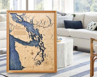 Pacific Northwest Nautical 3D Wood Map Wall Art, Salish Sea Carved Wall Clock, Puget Sound Nautical Chart Serving Tray, Personalized Gifts