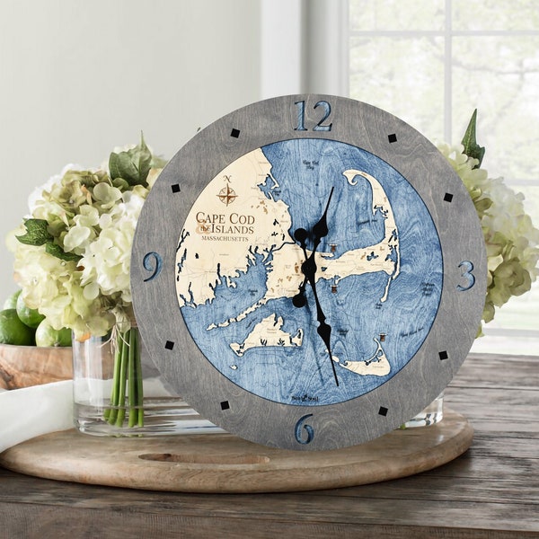 Reloj de pared de mapa de madera de Cape Cod, regalos de Cape Cod, decoración de pared costera, reloj de pared náutico grande, regalo personalizado único, decoración del hogar náutico