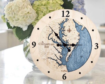 Chesapeake Bay 3D Nautical Wood Map Clock, Coastal Decor Large Clock, Carved Water Depth Wall Clock, Nautical Wall Decor, Personalized Gifts