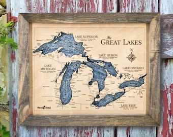 Sea & Soul Great Lakes 3D Wood Map Wall Art, Nautical Wood Chart Wall Art, Carved Lake Art, Nautical Water Depth Map, Lake House Wall Decor