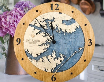 North Carolina Nautical Wood Map Wall Clock, Coastal Wall Decor, Large Nautical Wall Clock,  Personalized Home Gifts, 5th Anniversary Gift