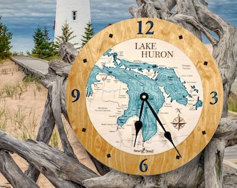 Lake Huron Nautical Wood Map Wall Clock, Great Lakes Coastal Home Decor, Nautical Wall Decor, Lake House Decor, Personalized Handmade Gifts
