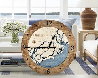 Reloj de pared con decoración náutica de Charleston, mapa de madera 3D, reloj costero grande, regalo personalizado, regalos marineros, regalo de 5.º aniversario, decoración costera