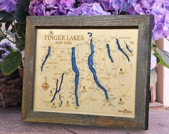Finger Lakes 3D Nautical Wood Map Wall Art, 2-Sizes, Nautical Chart, Carved Lake Art, Lake House Decor, Unique Personalized Handmade Gifts