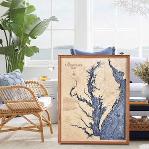 Chesapeake Bay Nautical Wood Chart Wall Art, Topographic Carved 3D Depth Map, Nautical Decor Tray, Coastal Decor, Unique Personalized Gifts