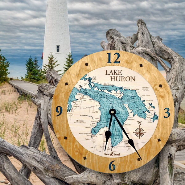Lake Huron Nautical Wood Map Wall Clock, Great Lakes Coastal Home Decor, Nautical Wall Decor, Lake House Decor, Personalized Handmade Gifts
