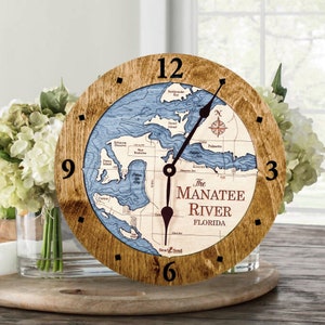 Manatee River 3D Wood Map Nautical Wall Clock, Bradenton Carved Water Depth Map, Large Nautical Clock, Coastal Wall Decor, Personalized Gift