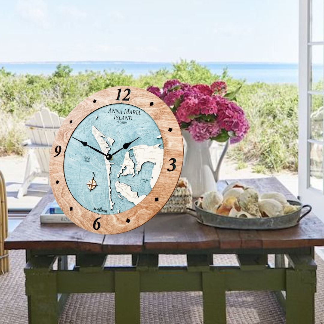 Anna Maria Island Nautical Chart Wood Wall Clock, Carved Wood Map Clock