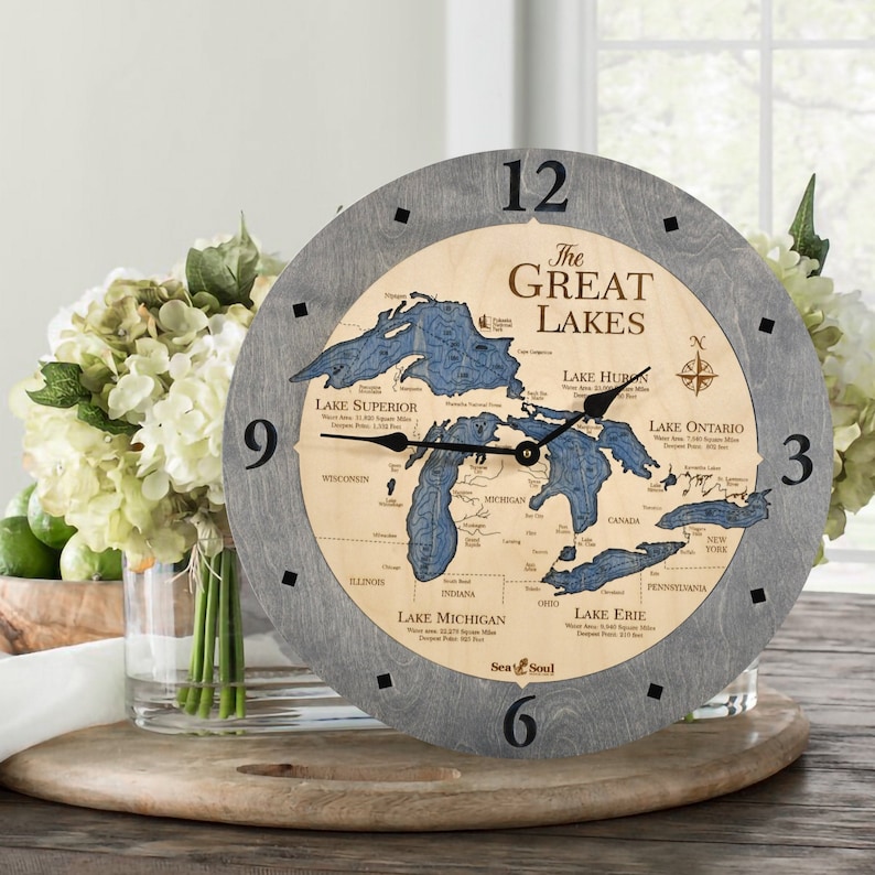 Great Lakes Large Nautical Map Wall Clock Carved Lake Art Etsy