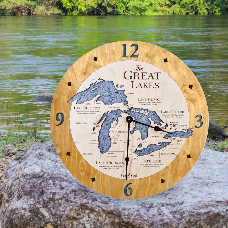 Great Lakes Large Nautical Map Wall Clock, Carved Lake Art Clock, Personalized Christmas Gifts, Lake House Home Decor, Nautical Wall Art image 5