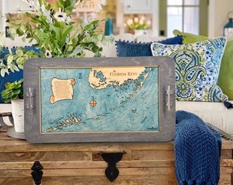Florida Keys Nautical Map Serving Tray & Wall Art, Coastal Home Decor, 3D Nautical Wood Chart, Handmade Gifts, Personalized Boater Gifts