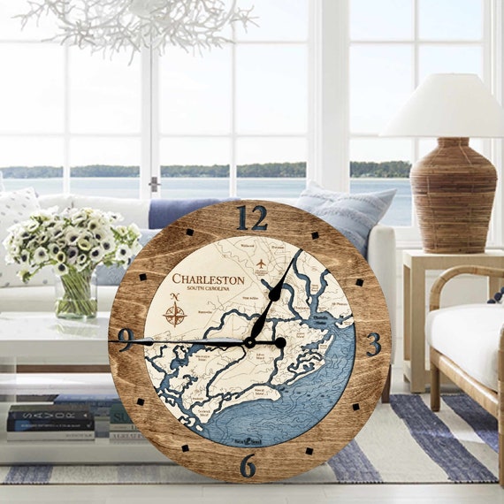 Charleston Nautical Decor Wall Clock, 3D Wood Map, Large Coastal Clock,  Personalized Gift, Sailor Gifts, 5th Anniversary Gift, Coastal Décor -   Hong Kong