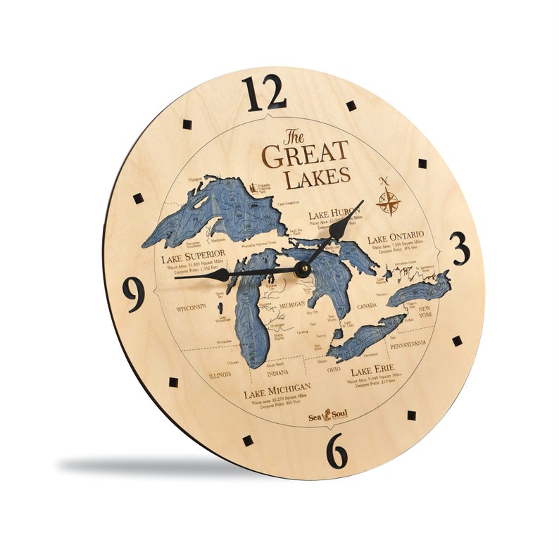 Great Lakes Large Nautical Map Wall Clock, Carved Lake Art Clock, Personalized Christmas Gifts, Lake House Home Decor, Nautical Wall Art All Birch Clock - 12 inches