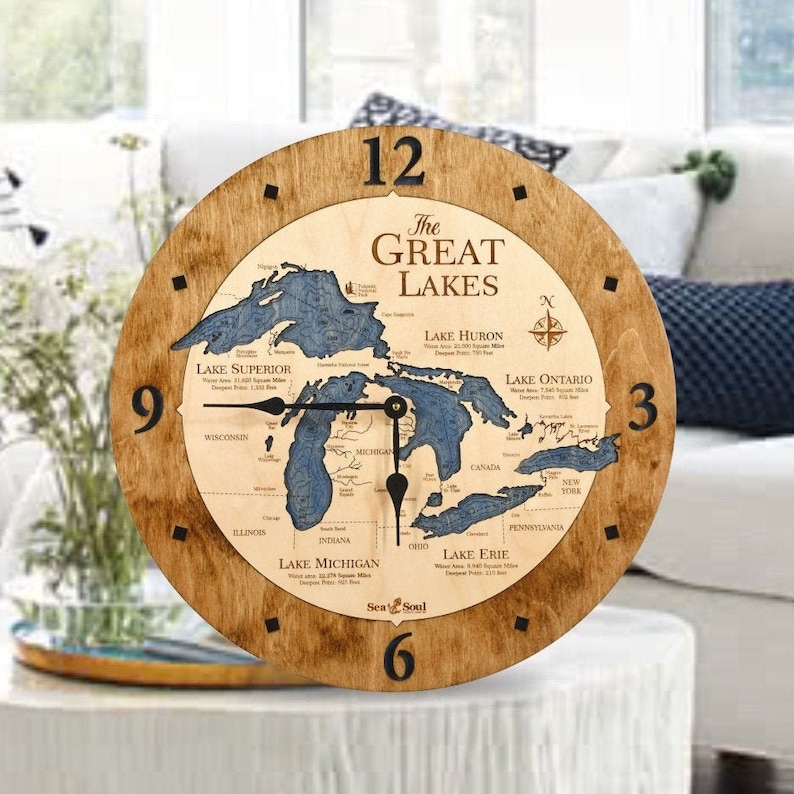 Great Lakes Large Nautical Map Wall Clock, Carved Lake Art Clock, Personalized Christmas Gifts, Lake House Home Decor, Nautical Wall Art image 3