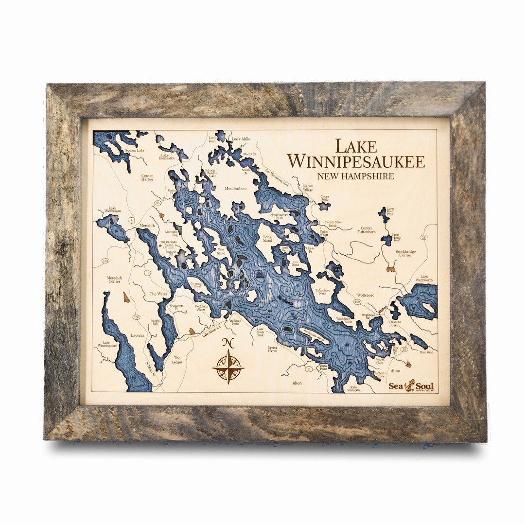 Lake Winnipesaukee 3D Wood Map Wall Art, Nautical Wood Chart, Carved