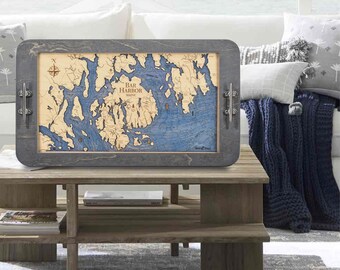 Coastal Maine Nautical Wood Map Wall Art & Serving Tray, Coastal Maine Custom Wall Decor, Personalized Unique Gift, Nautical Serving Tray