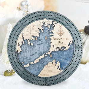Buzzards Bay 3-Player Cribbage Board with Storage, Personalized Nautical Map Cribbage Board, Custom Cribbage Boards, Unique Handmade Gifts