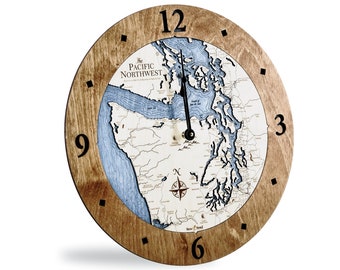 Pacific Northwest 3D Wood Map Clock, Nautical Decor Puget Sound Carved Wooden Clock, San Juan Islands Wall Clock, Salish Sea Coastal Clock