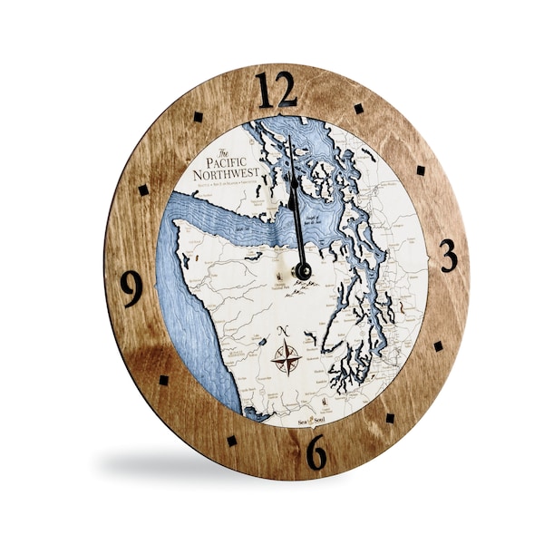 Pacific Northwest 3D Wood Map Clock, Nautical Decor Puget Sound Carved Wooden Clock, San Juan Islands Wall Clock, Salish Sea Coastal Clock