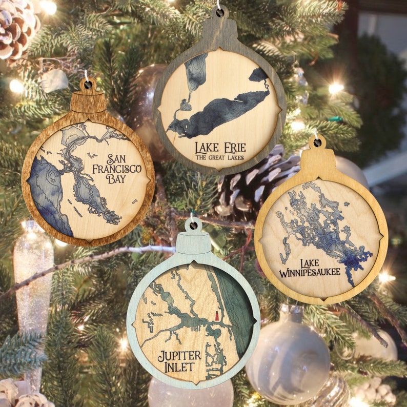 Nautical Map Holiday Ornament.  Coastal Christmas ornament is UV printed on Baltic Birch and accented with your choice of 2 water colors and 4 different accent rings. Optional personalization is available.