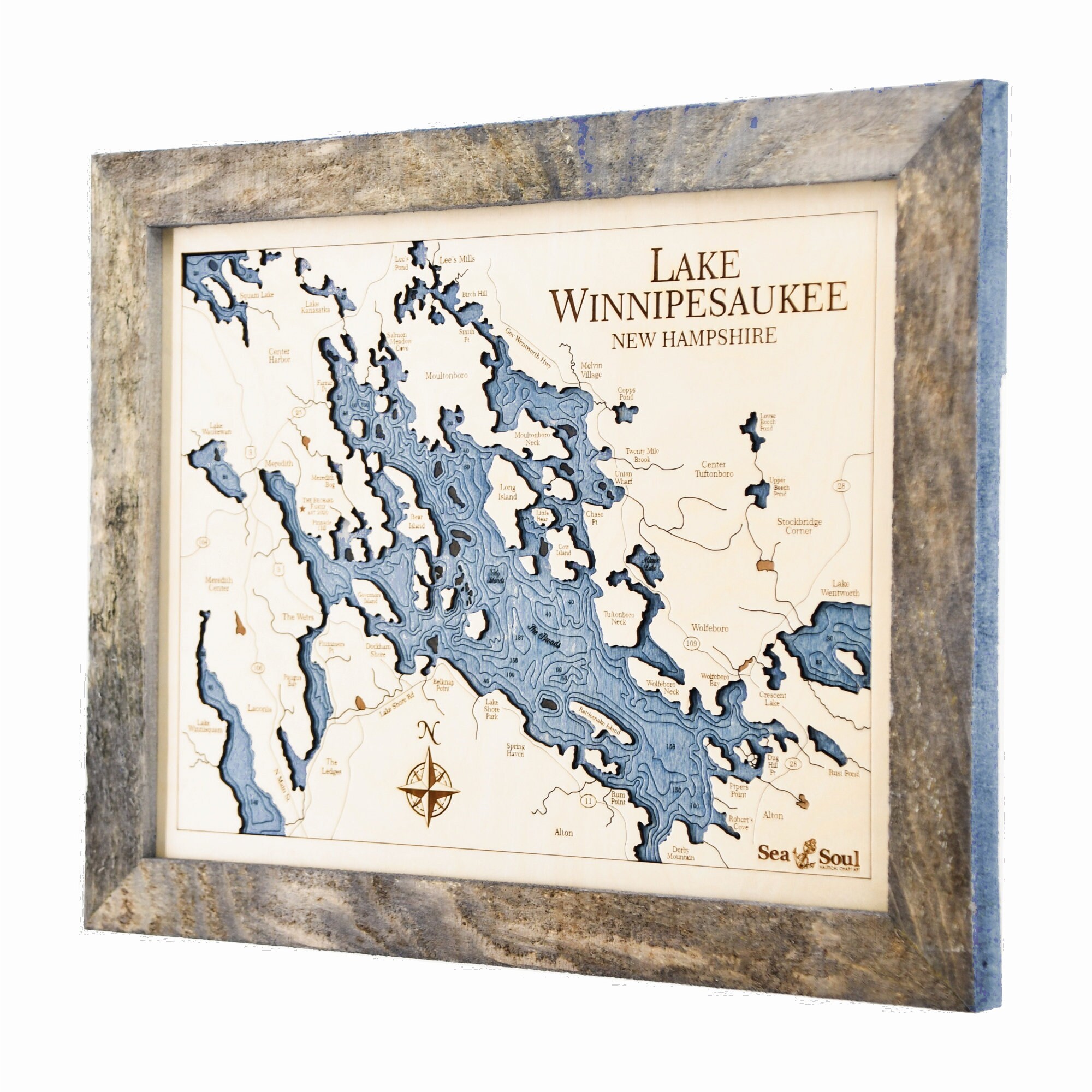 Lake Winnipesaukee, Lake House Decor,Custom Wood Map, depth map, wood