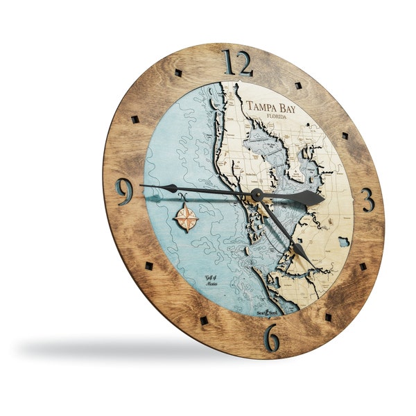 Tampa Bay Nautical Wood Chart Wall Clock, Carved Wood Map Clock, Personalized Gifts, Gift for Him, Coastal Beach Décor, Nautical Wall Art
