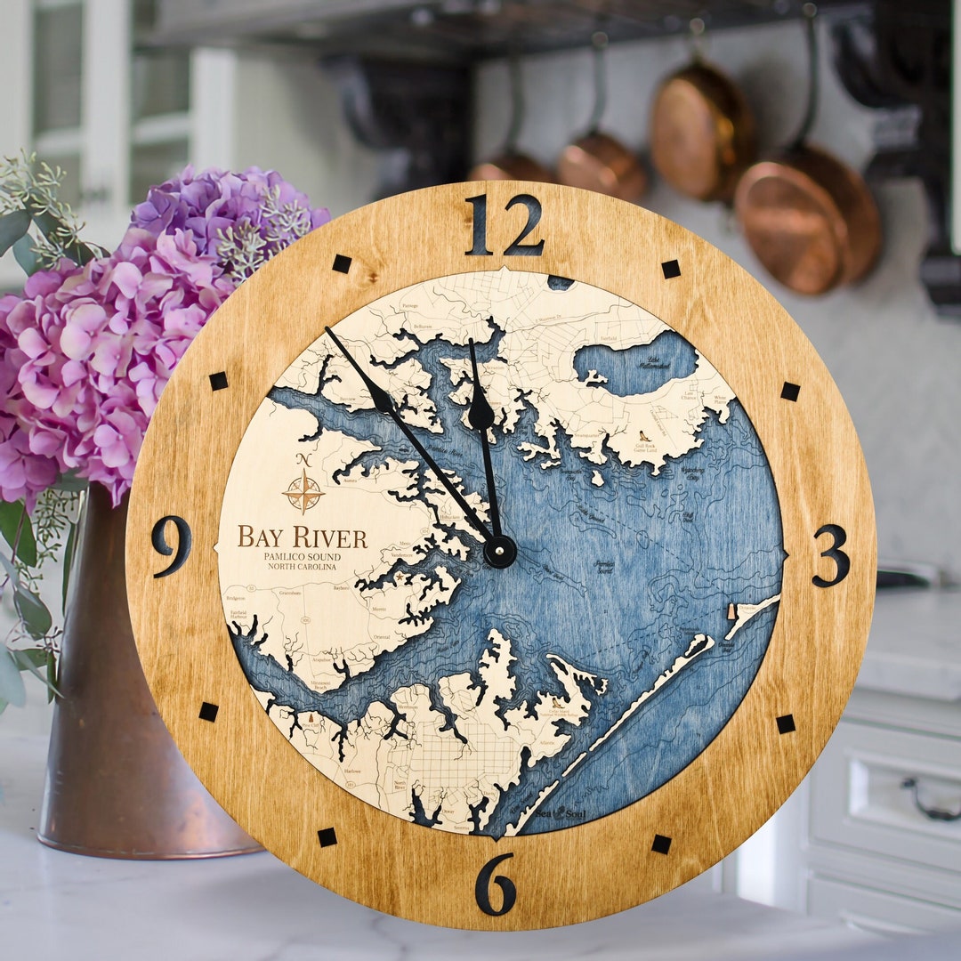 North Carolina Nautical Wood Map Wall Clock, Coastal Wall Decor, Large Nautical Wall Clock