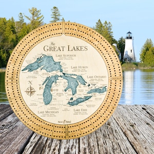 Custom Cribbage Boards, Great Lakes 3-Player Cribbage Board, Personalized Nautical Map Cribbage Boards, Unique Handmade Gifts, Gifts for Him