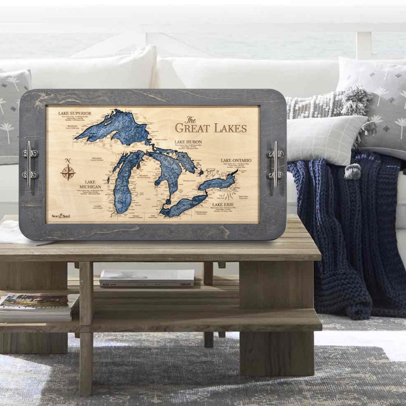Great Lakes 3D Nautical Wood Map Wall Art & Serving Tray, Carved Lake ...