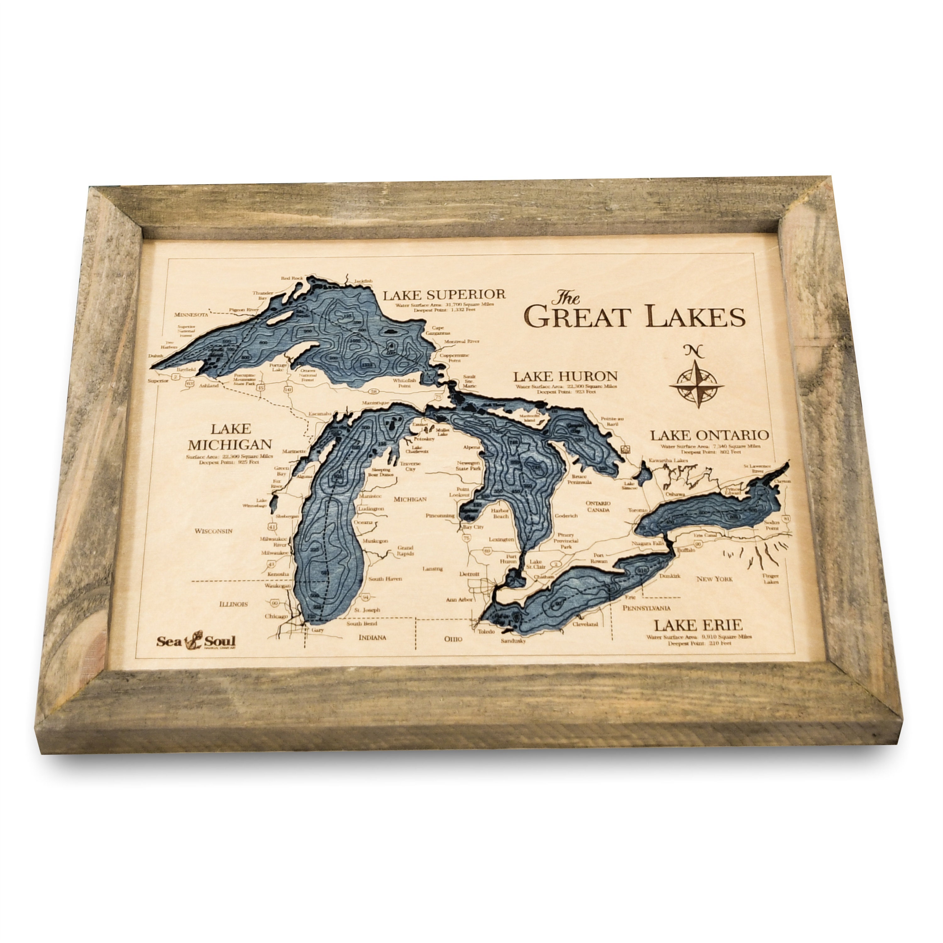 Sea & Soul Great Lakes 3D Wood Map Wall Art, Nautical Wood Chart Wall ...