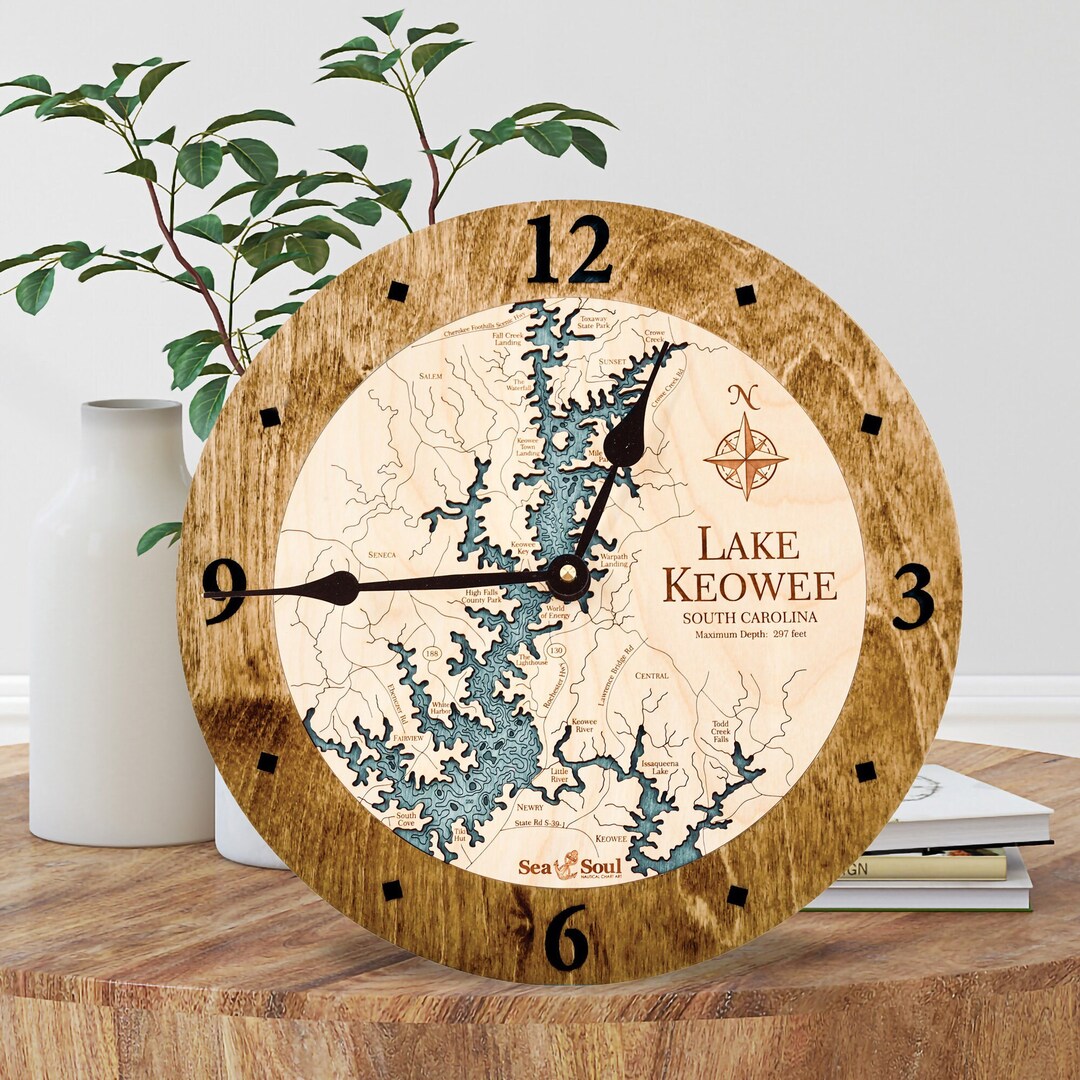 Lake Keowee 3D Nautical Map Wall Clock, Large Wood Lake Art Wall Clock