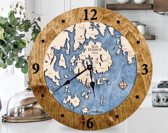 Coast of Maine Nautical Chart 2- Level Wood Clocks, 4 Sizes, Unique Decor, Nautical Wall Art, Coastal Home Decor, Custom Personalized Gifts