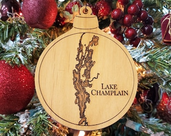 Lake Champlain Nautical Lake Map Christmas Ornament, Laser Engraved Wood Map Ornament, Lake Ornament, Personalized Gift, Stocking Stuffer